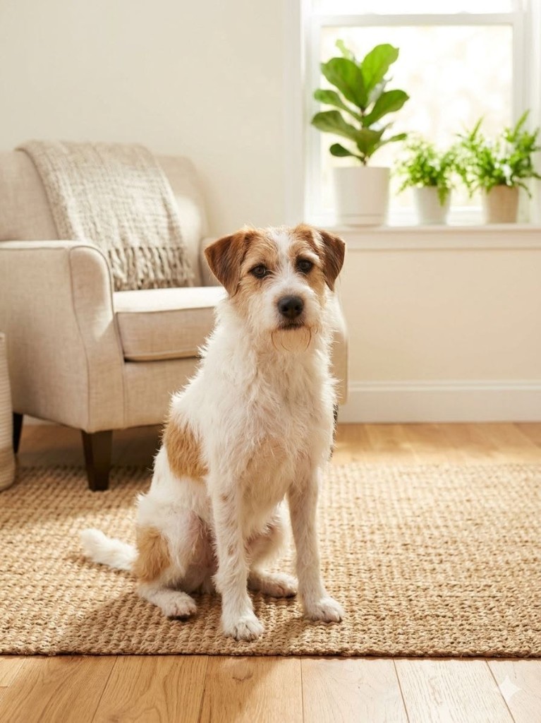 Toby, a rescued terrier mix sitting in a bright living room